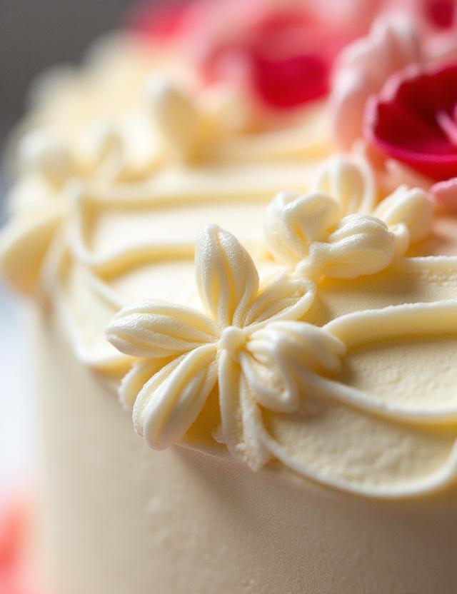 Close-up of intricate cake icing textures and handcrafted sugar flowers