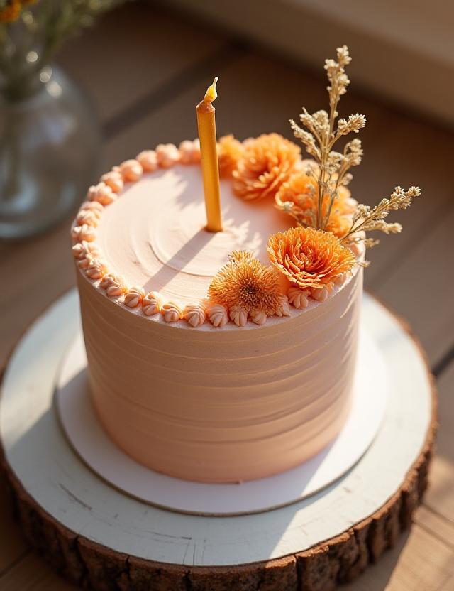 Modern birthday cake with textured pastel buttercream and dried botanicals