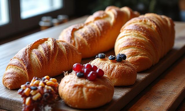Freshly baked artisan sourdough and pastries spread on a rustic wooden table