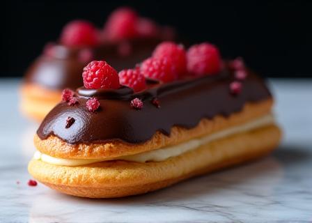 Glistening chocolate eclairs with gold leaf decoration
